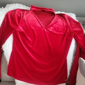 Tahari Red Velvet Long Sleeve Top - Open V-NECK